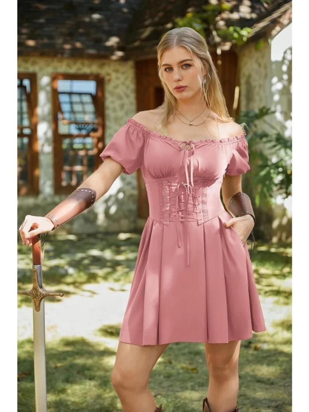Scarlet Darkness Women Dusty Pink Corset Midi Off Shoulder Fairy Dresses - Picture 3 of 6